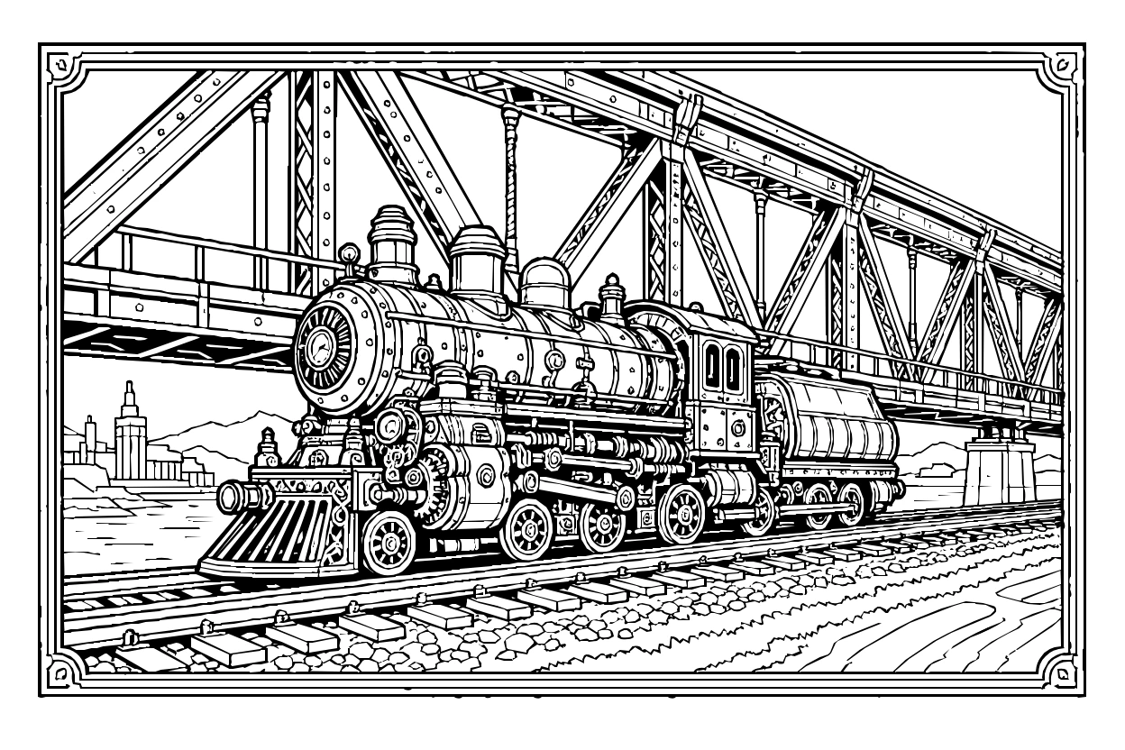 Steampunk Locomotive Crossing A Massive Iron Bridge Coloring Page