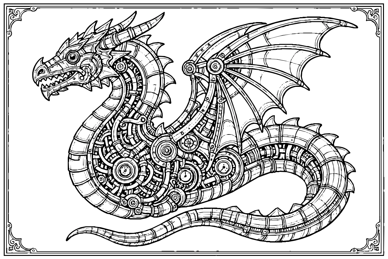 Steampunk Mechanical Dragon With Gears And Pipes Coloring Page