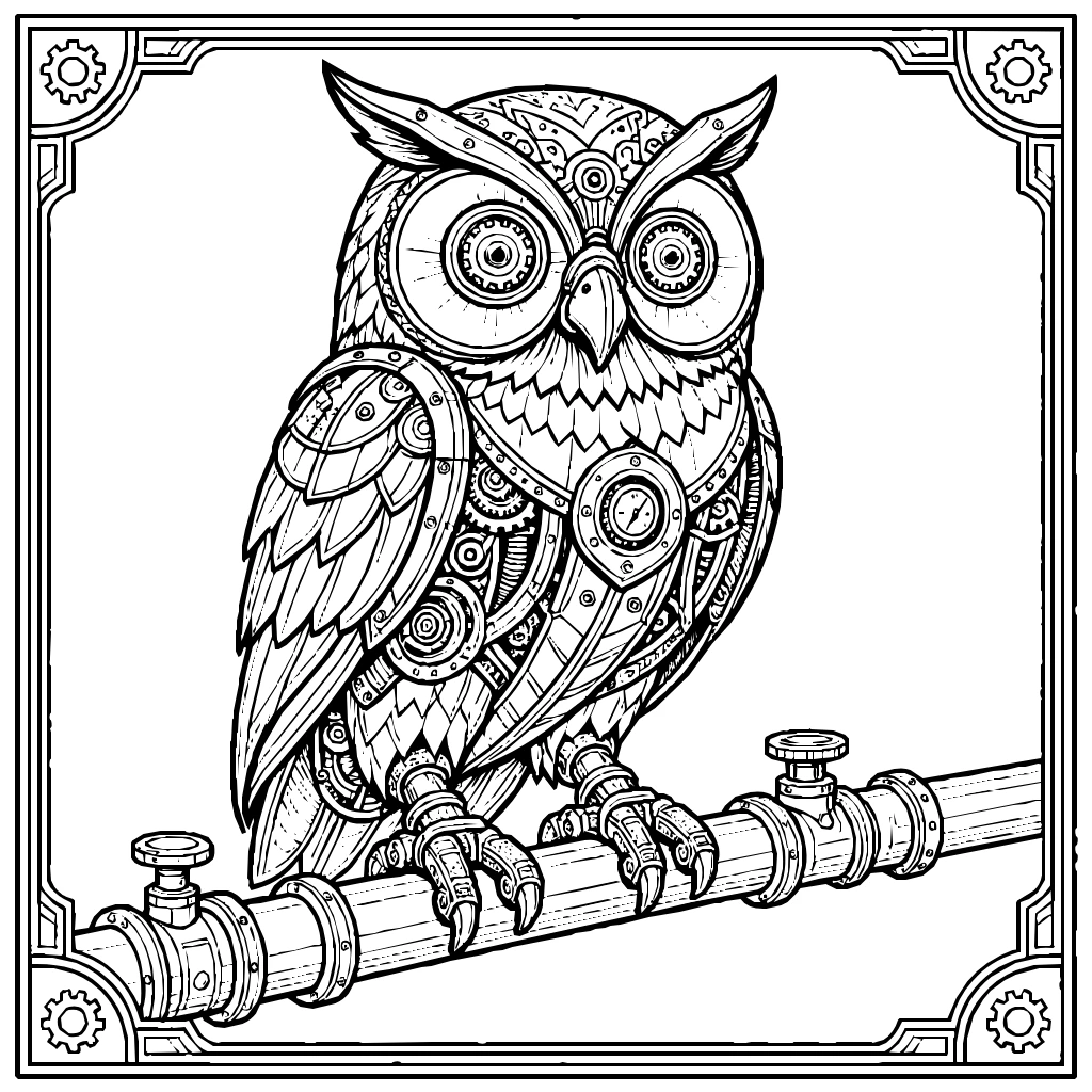 Steampunk Mechanical Owl Perched On A Brass Pipe Coloring Page