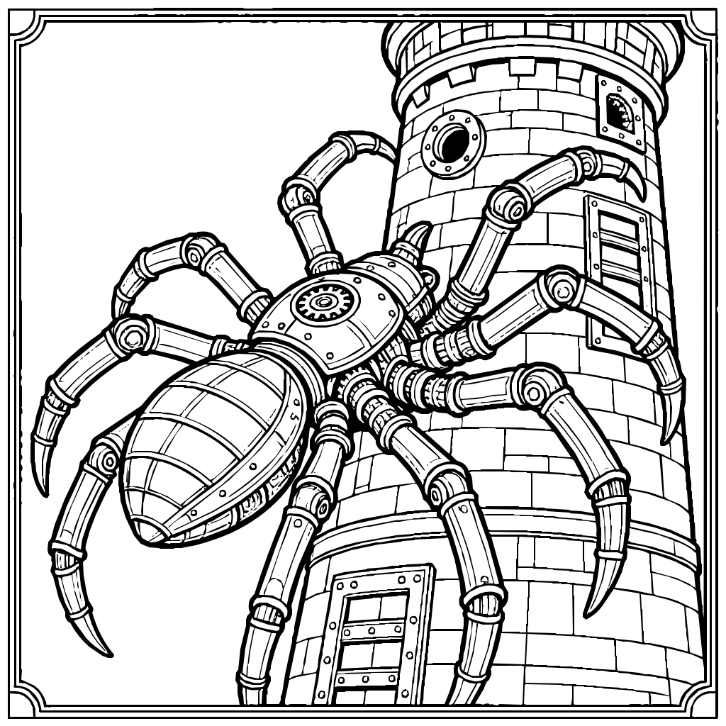 Steampunk Mechanical Spider Climbing A Tower Coloring Page