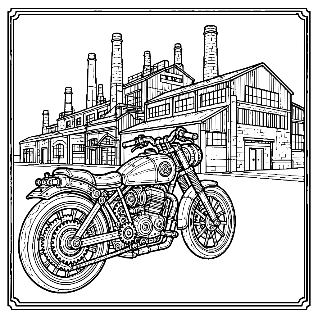 Steampunk Motorcycle Parked Beside An Old Factory Coloring Page