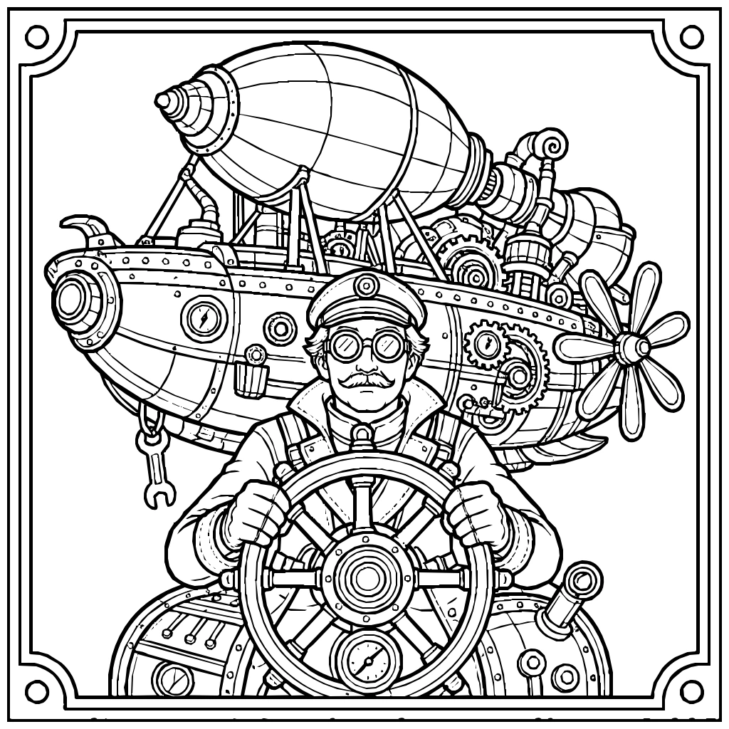 Steampunk Pilot Steering An Elaborate Airship Coloring Page