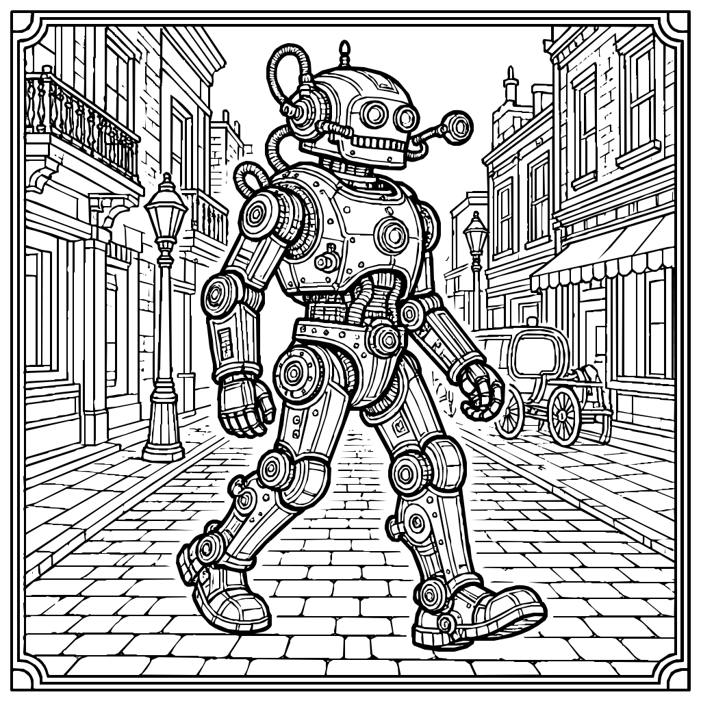 Steampunk Robot Walking Through A Victorian Street Coloring Page