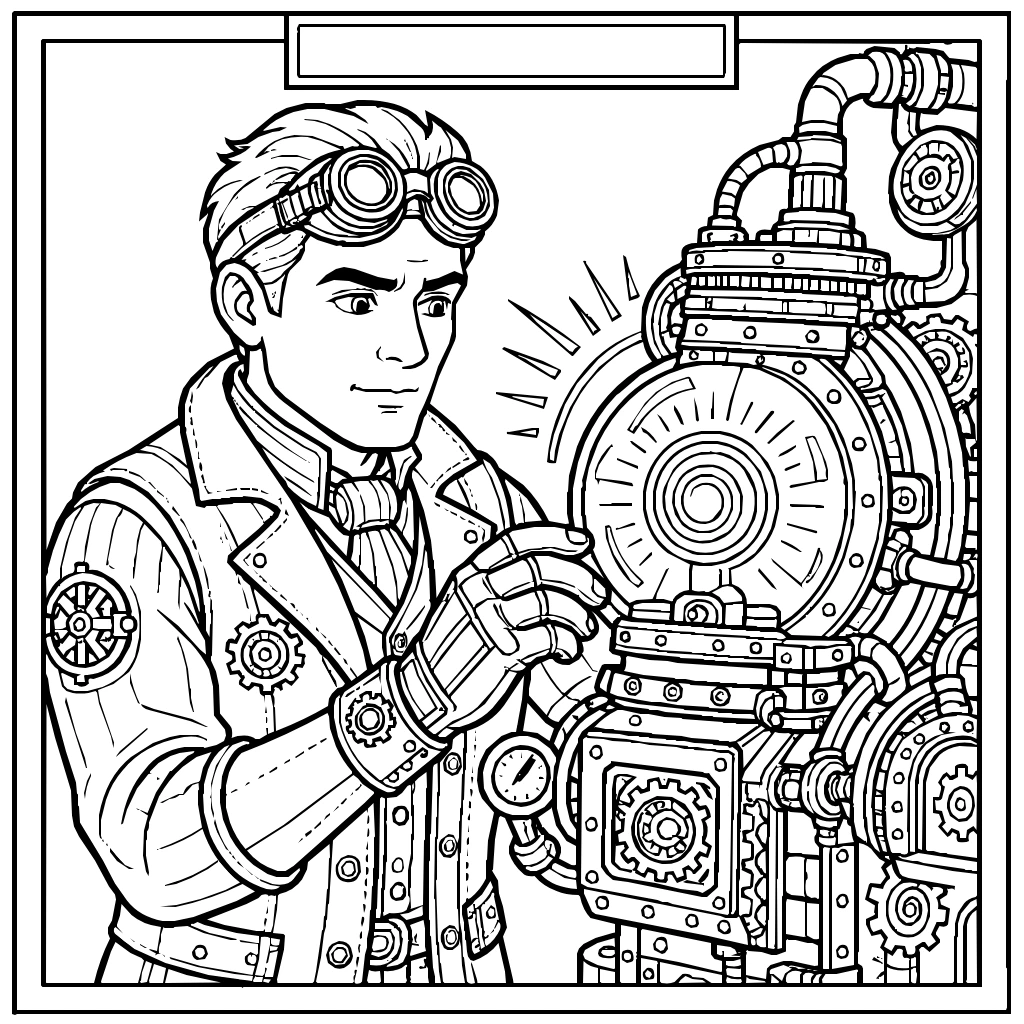 Steampunk Scientist Examining A Glowing Machine Coloring Page