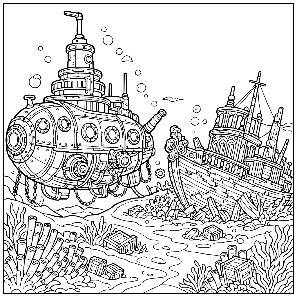 Steampunk Submarine Beside A Sunken Wreck Coloring Page
