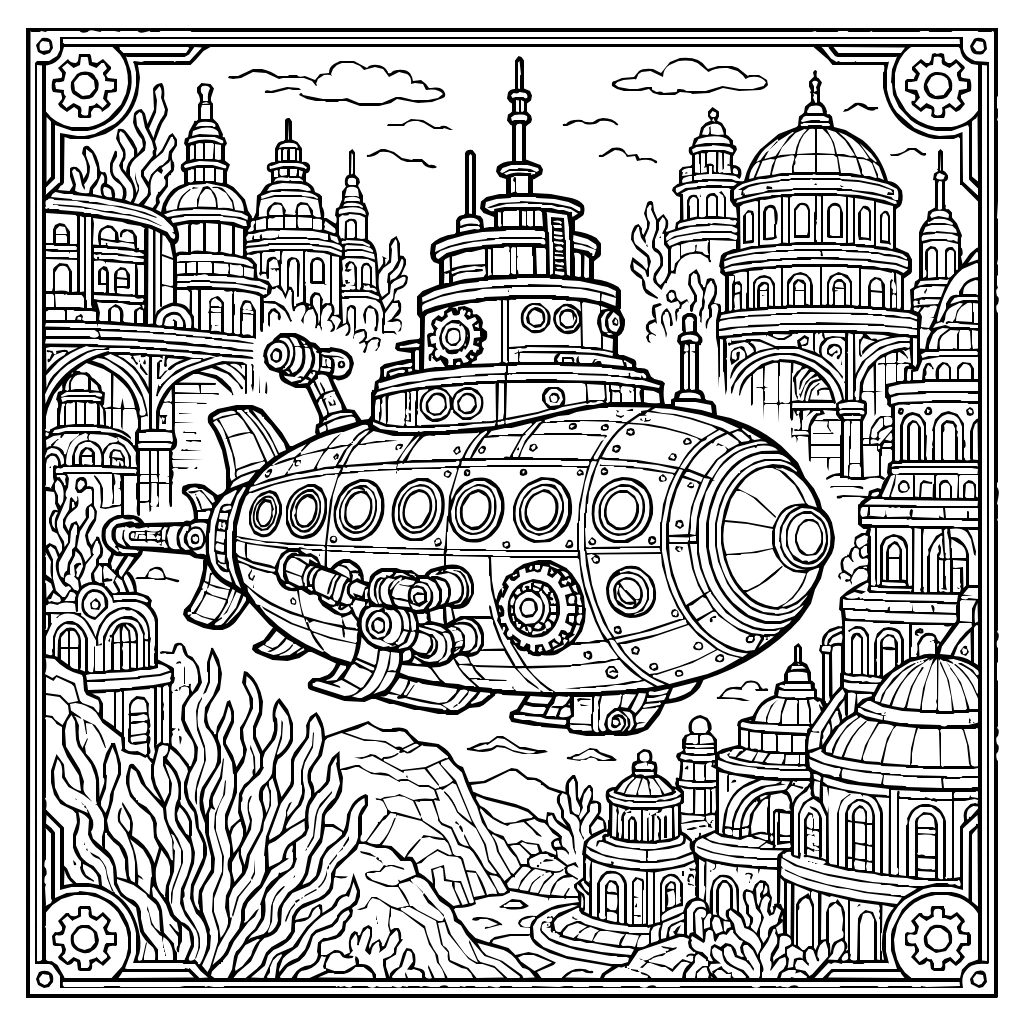 Steampunk Submarine Exploring An Underwater City Coloring Page