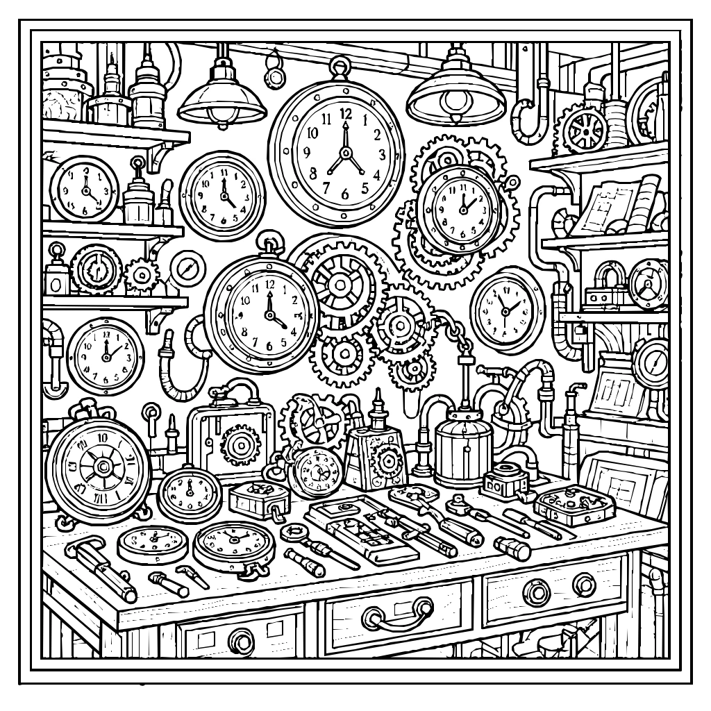 Steampunk Workshop Filled With Clocks And Inventions Coloring Page
