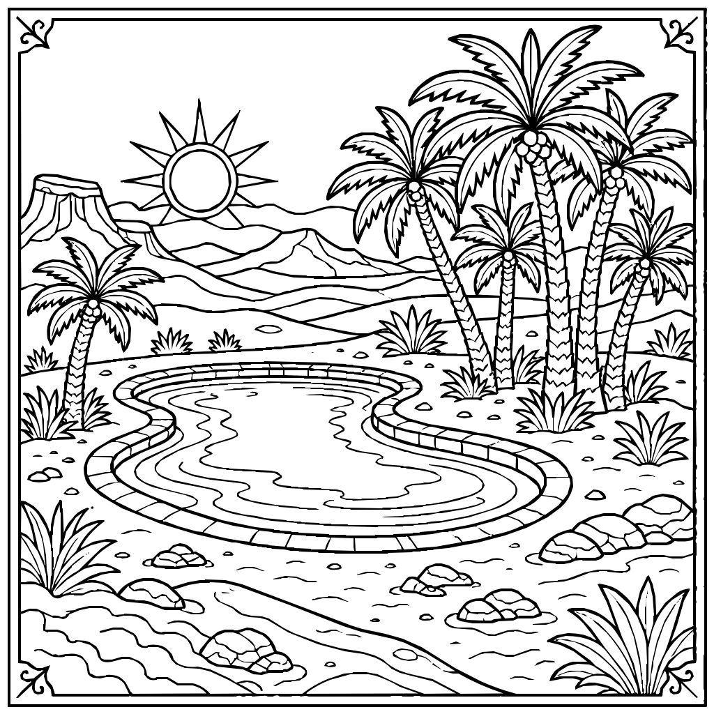 Sun Palm Trees In The Desert Coloring Page