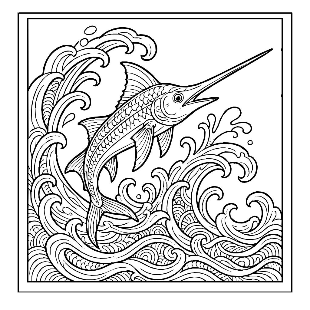 Swordfish Leaping Wave Coloring Page