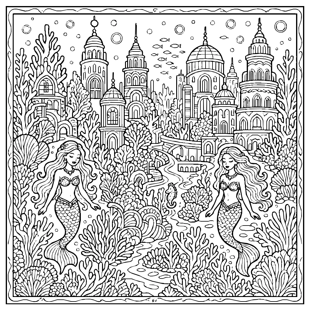 Undersea City Coral Mermaids Coloring Page