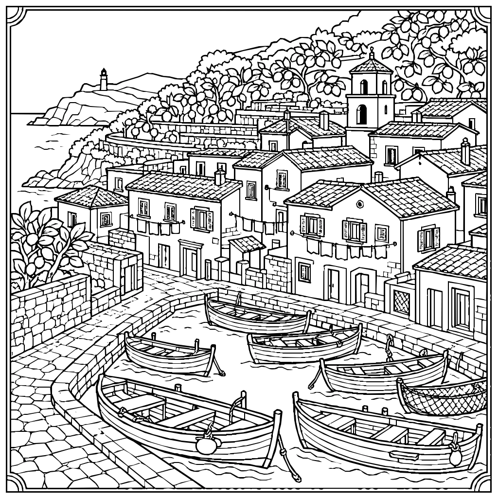 Village Coastal With Lemon Groves Coloring Page