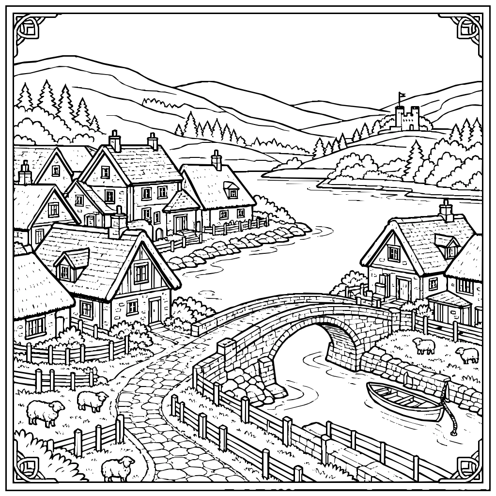 Village Highland Loch Bridge Coloring Page