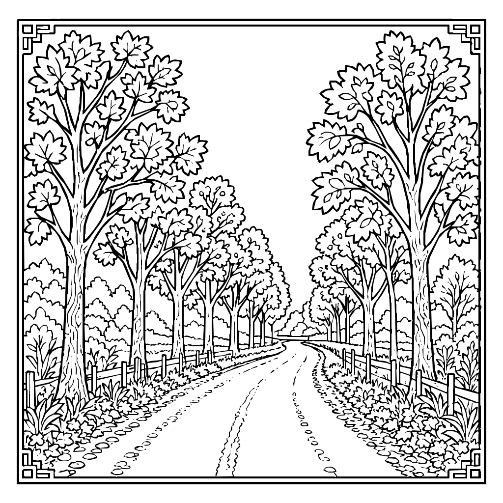 Autumn Country Road Colorful Trees Coloring Page