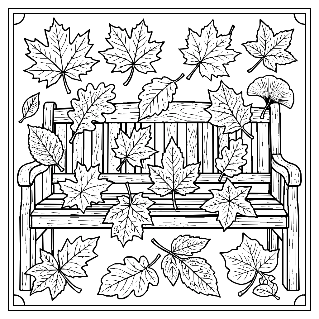 Autumn Fall Leaves Park Bench Coloring Page
