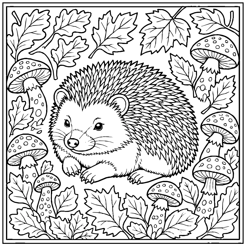Autumn Hedgehog Leaves Mushrooms Coloring Page