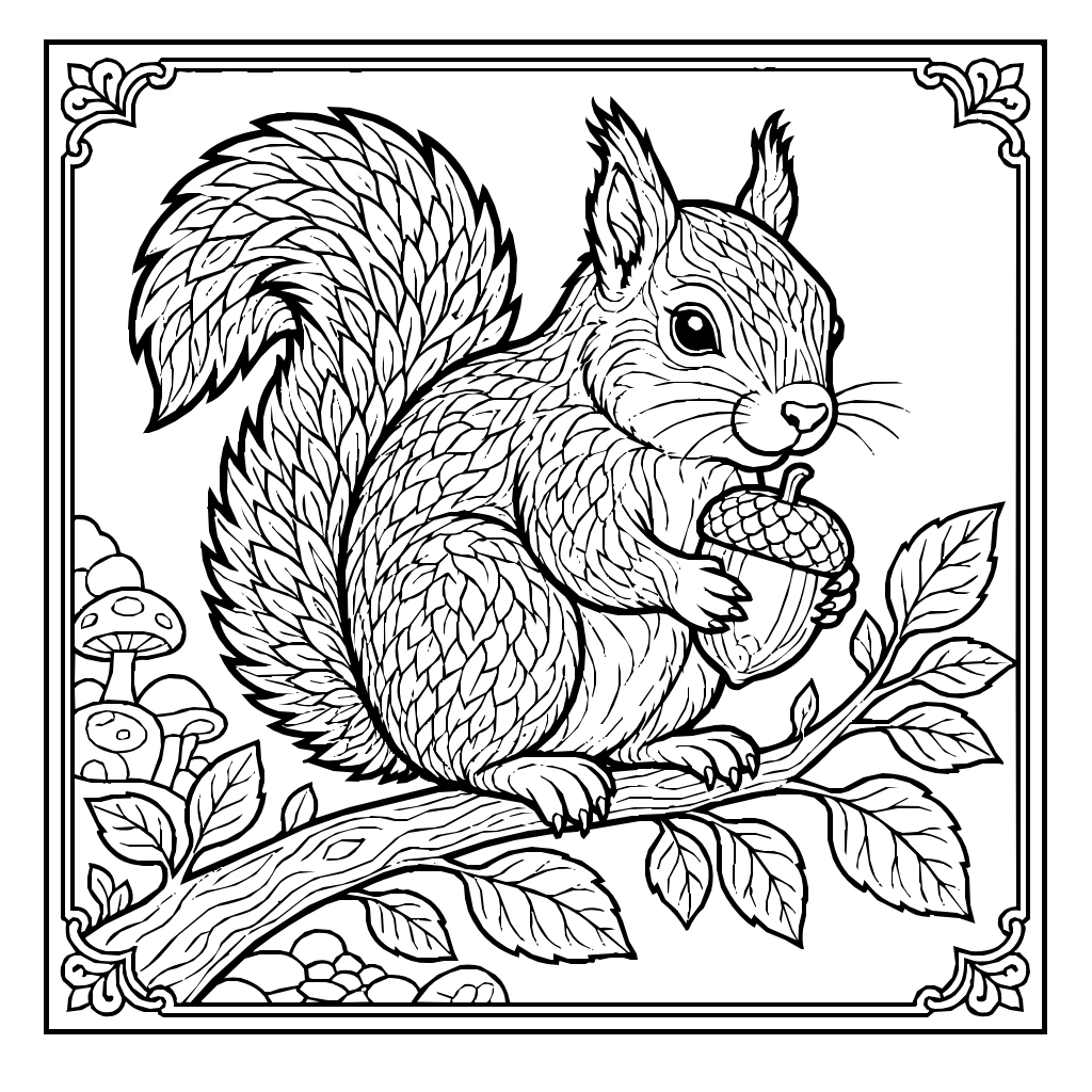 Autumn Squirrel Acorn Branch Coloring Page