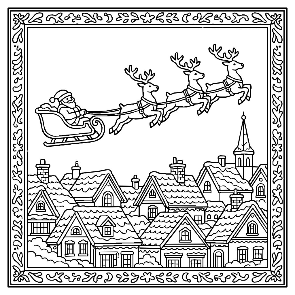 Christmas Santa Sleigh Rooftops Reindeer Coloring Page