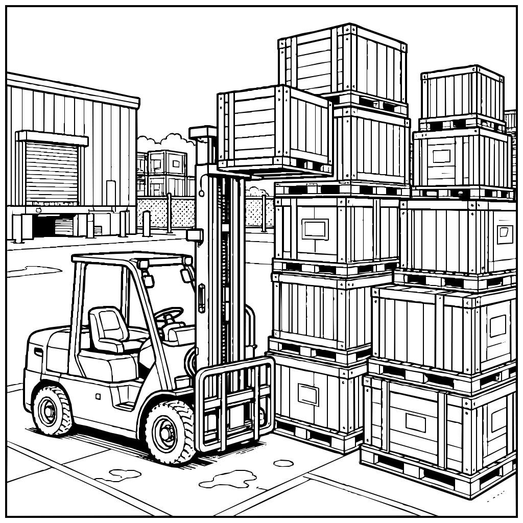 Construction Forklift Stacking Crates Coloring Page