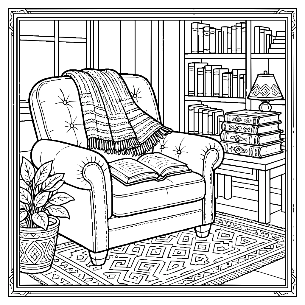 Cozy Reading Nook Blanket Books Coloring Page