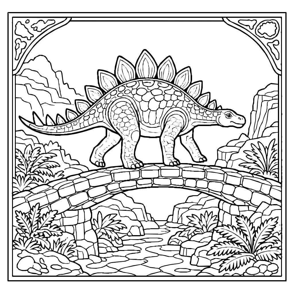 Dinosaur Stegosaurus Stone Bridge Coloring Page