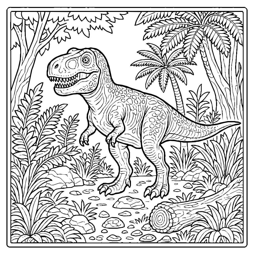 Dinosaur Trex Jungle Clearing Coloring Page