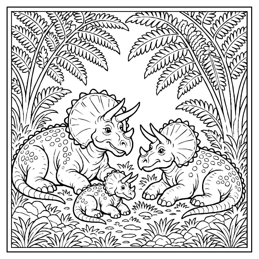 Dinosaur Triceratops Family Ferns Coloring Page
