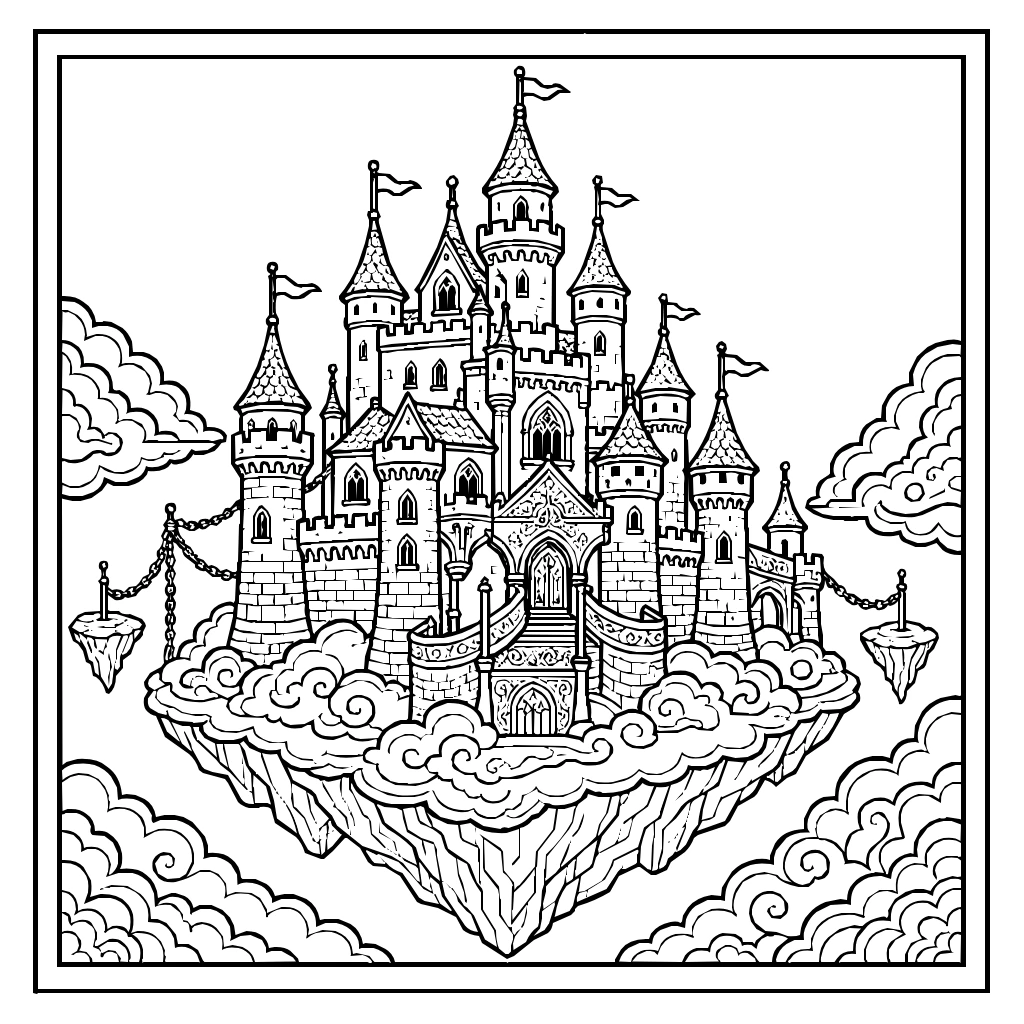 Fantasy Castle Floating Clouds Coloring Page