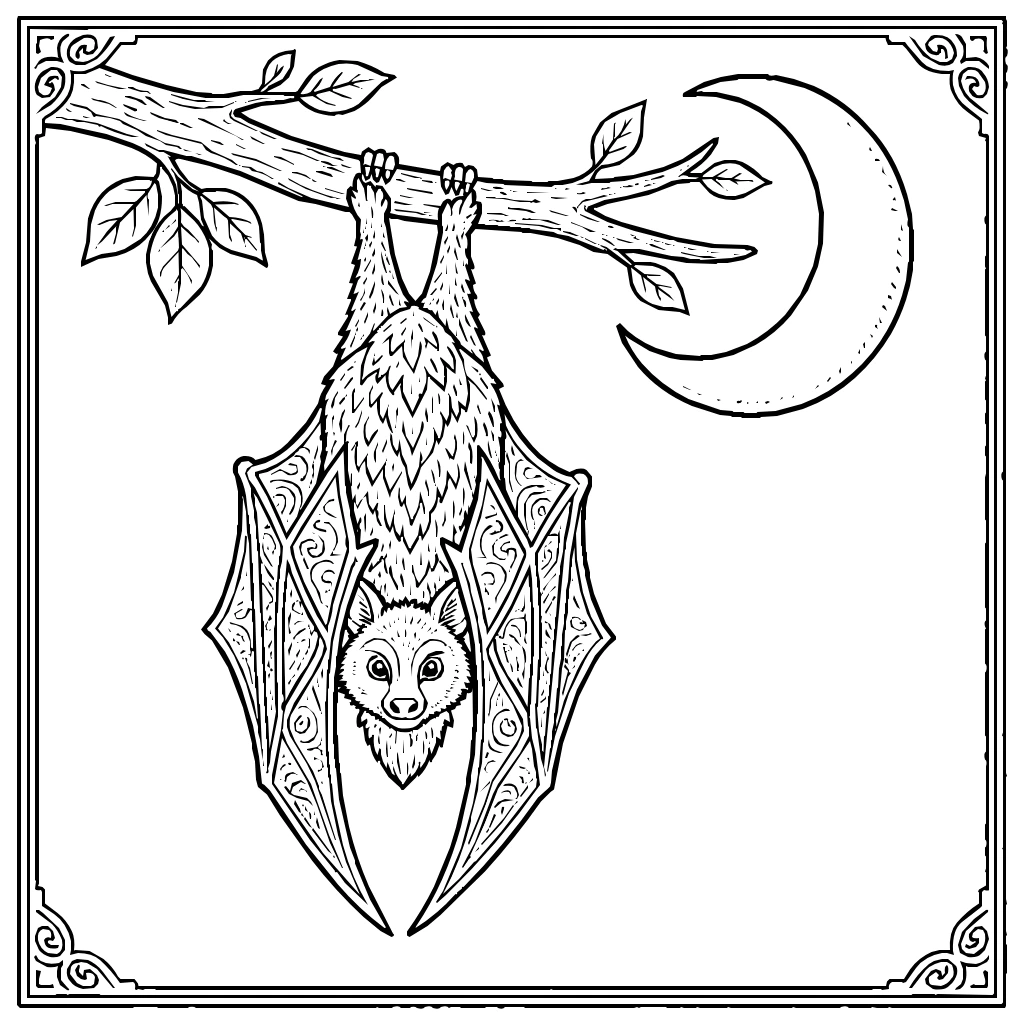 Halloween Bat Branch Crescent Moon Coloring Page