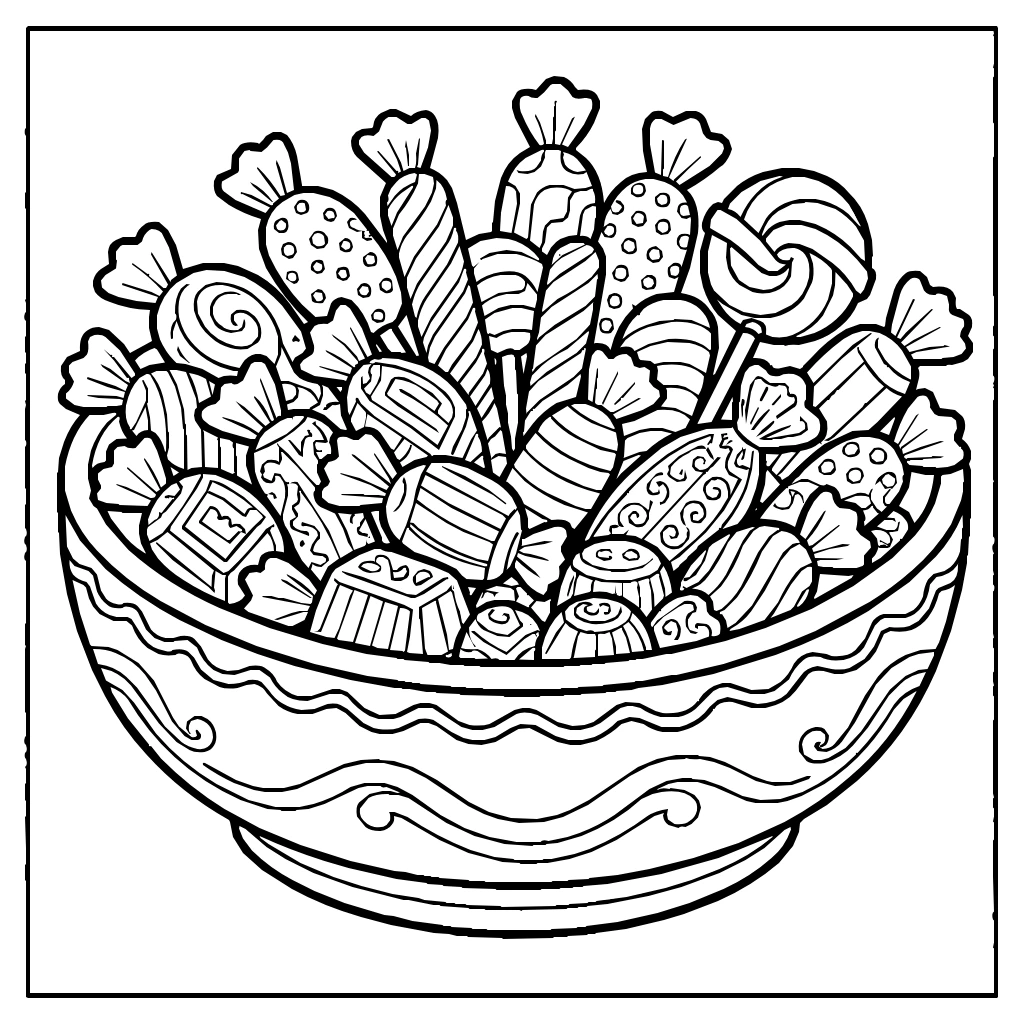 Halloween Candy Bowl Sweets Lollipops Coloring Page