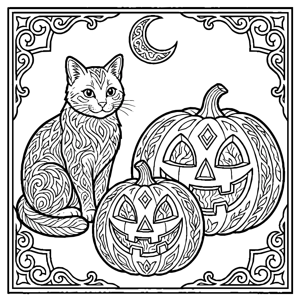 Halloween Cat Jack O Lanterns Coloring Page