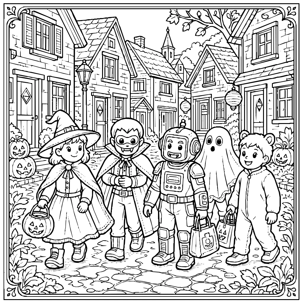 Halloween Children Trick Or Treating Street Coloring Page