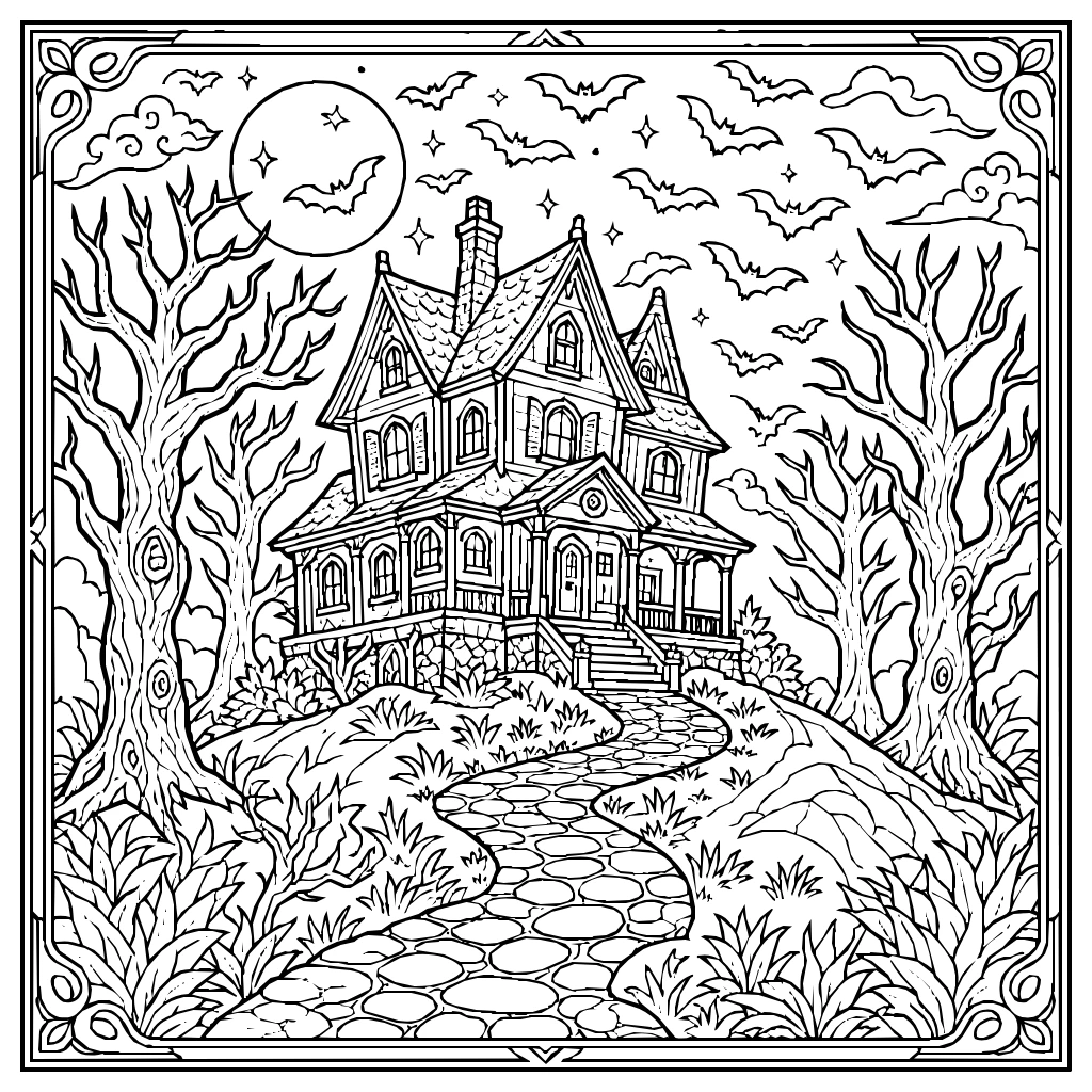 Halloween Haunted House Hill Bats Coloring Page