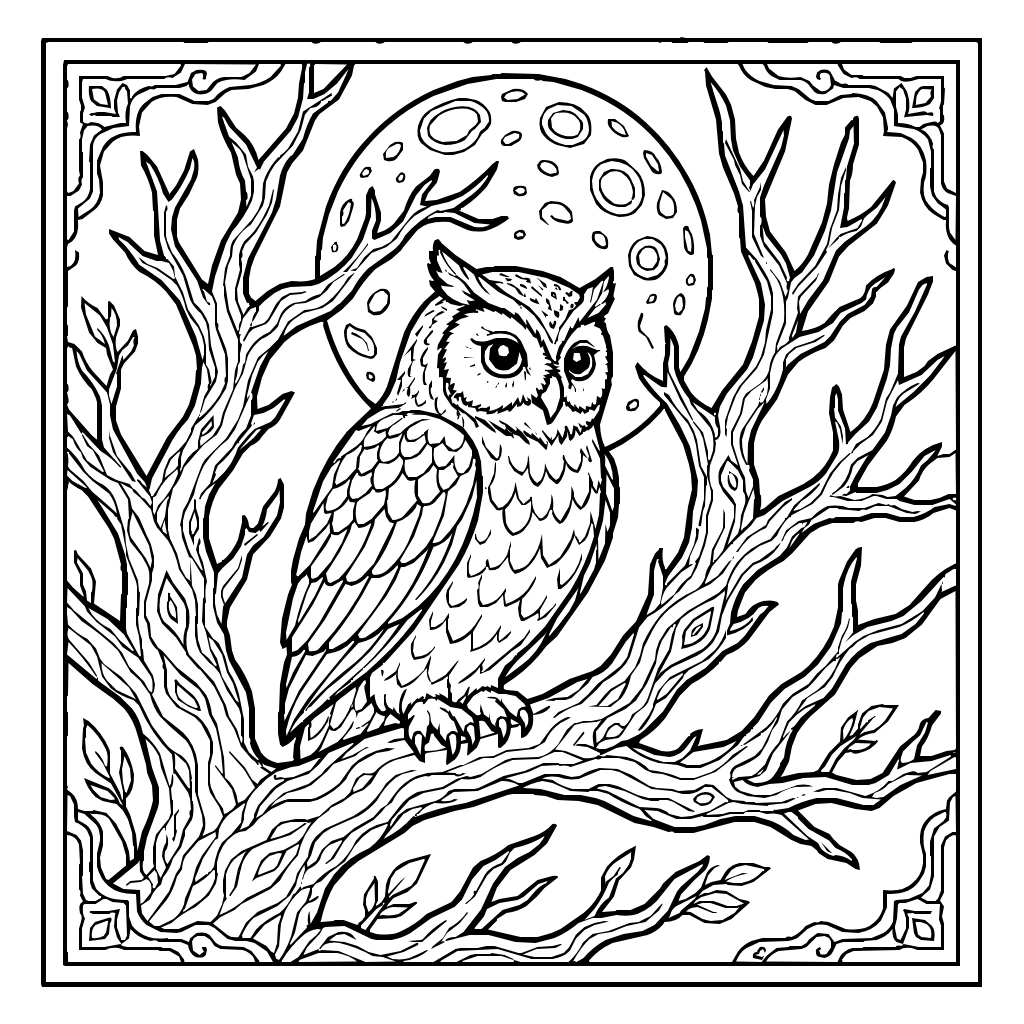 Halloween Owl Tree Moon Coloring Page