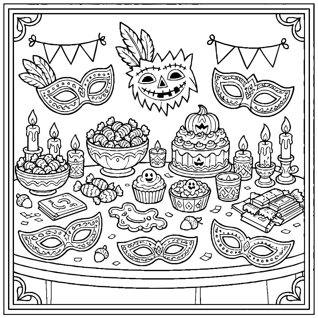 Halloween Party Table Masks Treats Coloring Page