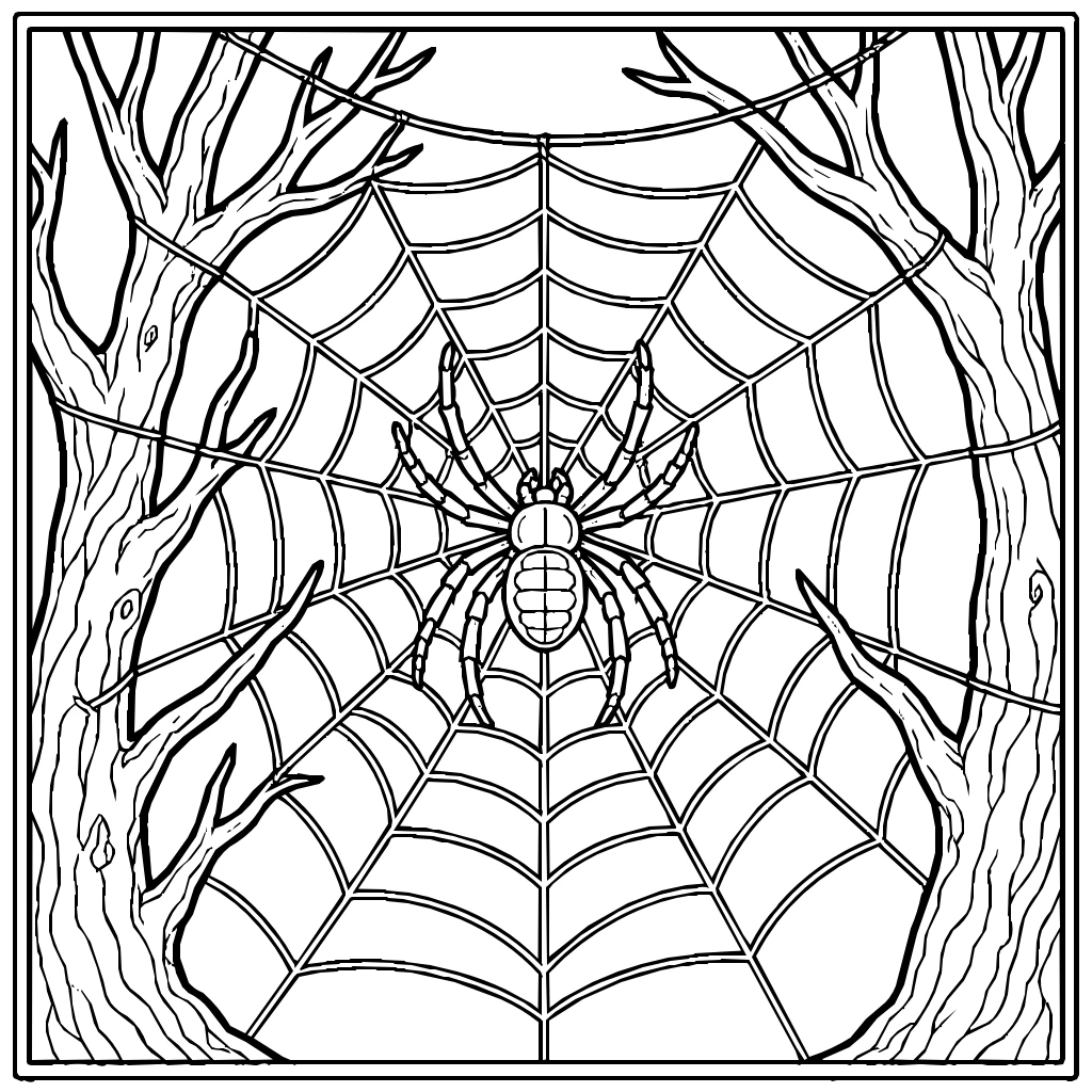 Halloween Spider Giant Web Trees Coloring Page