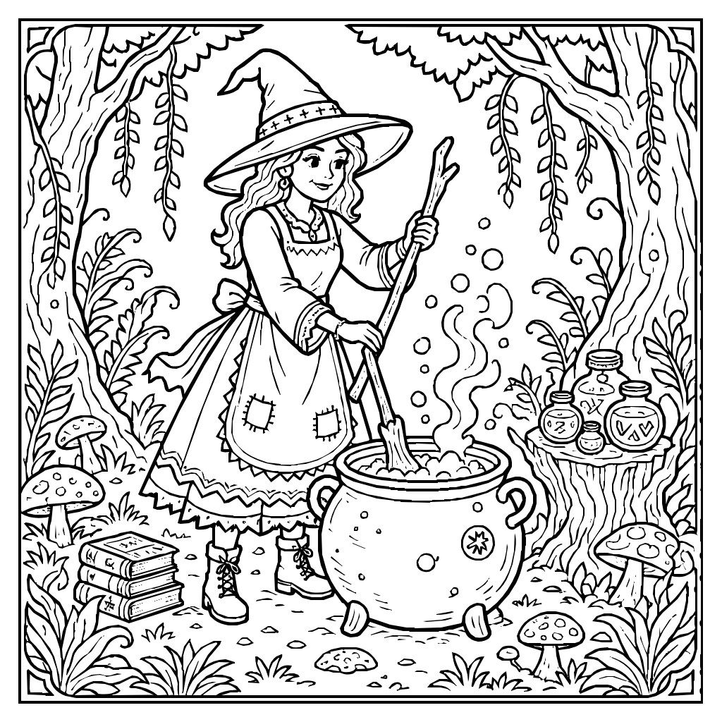 Halloween Witch Cauldron Forest Coloring Page