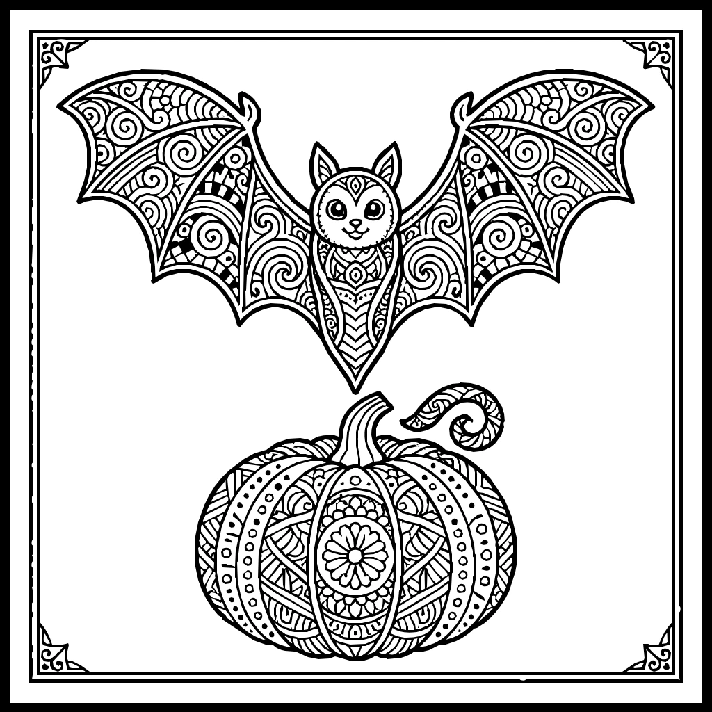 Halloween Zentangle Bat Pumpkin Coloring Page