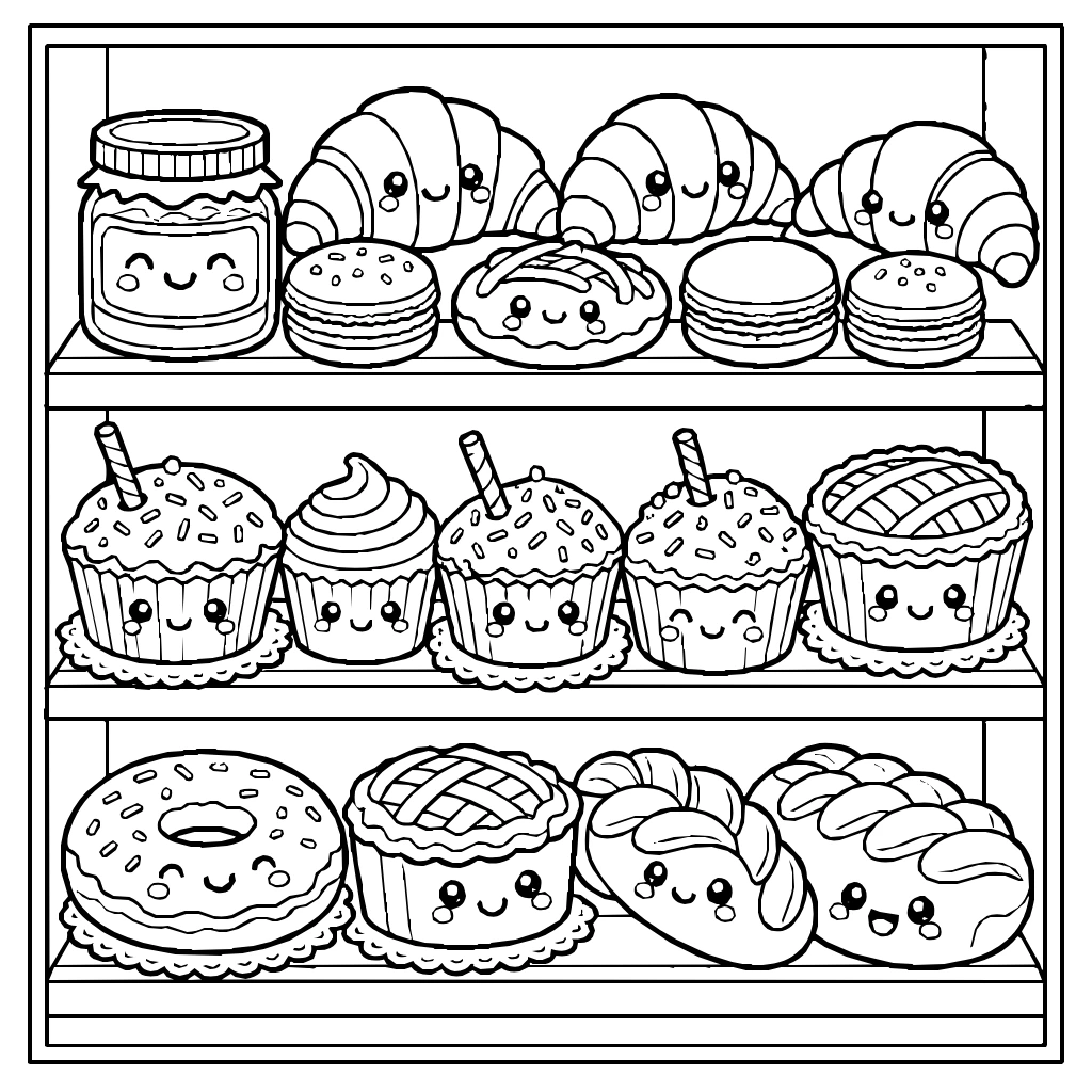 Kawaii Bakery Smiling Pastries Coloring Page