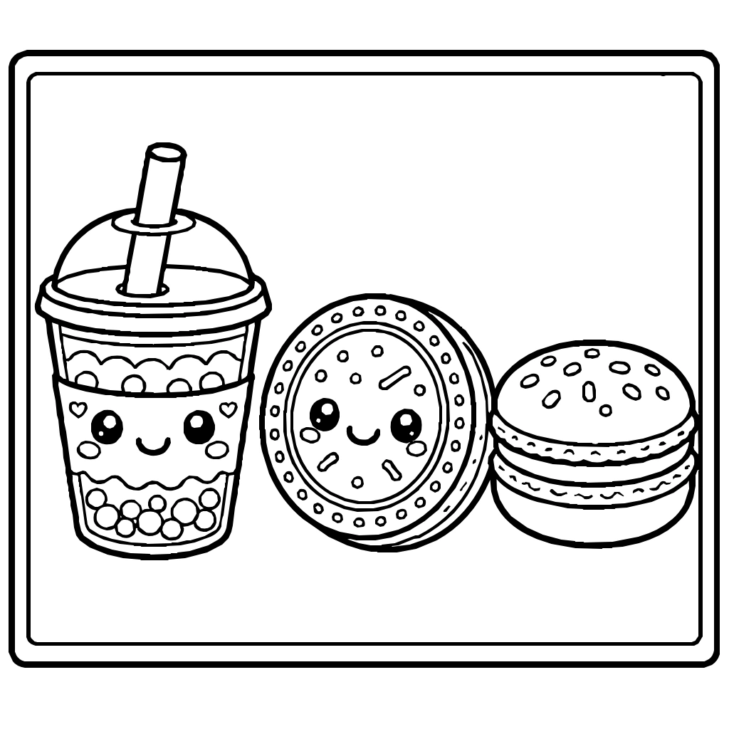 Kawaii Boba Tea Cookie Macaron Coloring Page