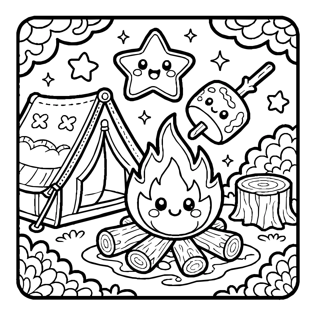 Kawaii Campfire Marshmallow Tent Coloring Page