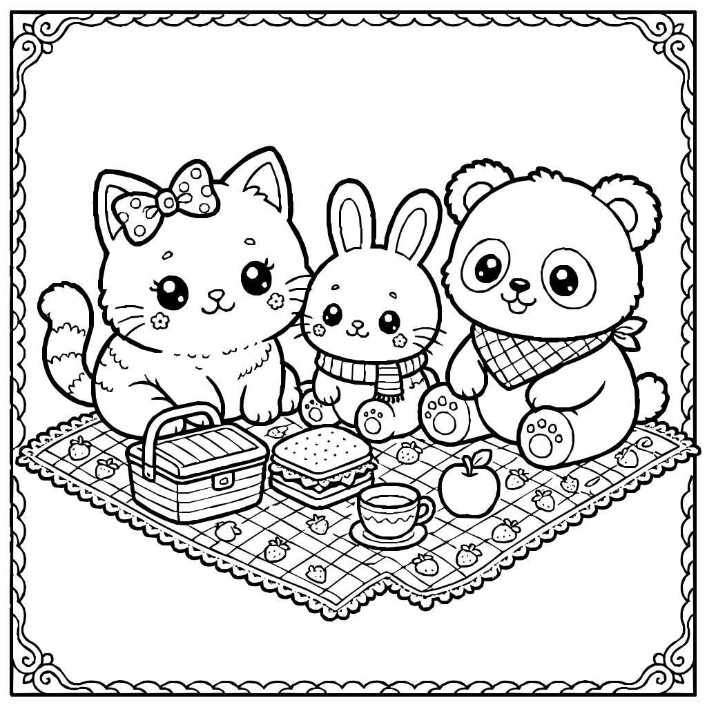 Kawaii Cat Bunny Panda Picnic Coloring Page