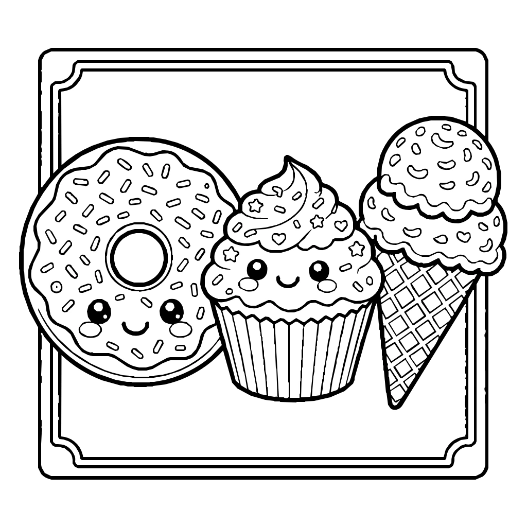 Kawaii Donut Cupcake Ice Cream Coloring Page