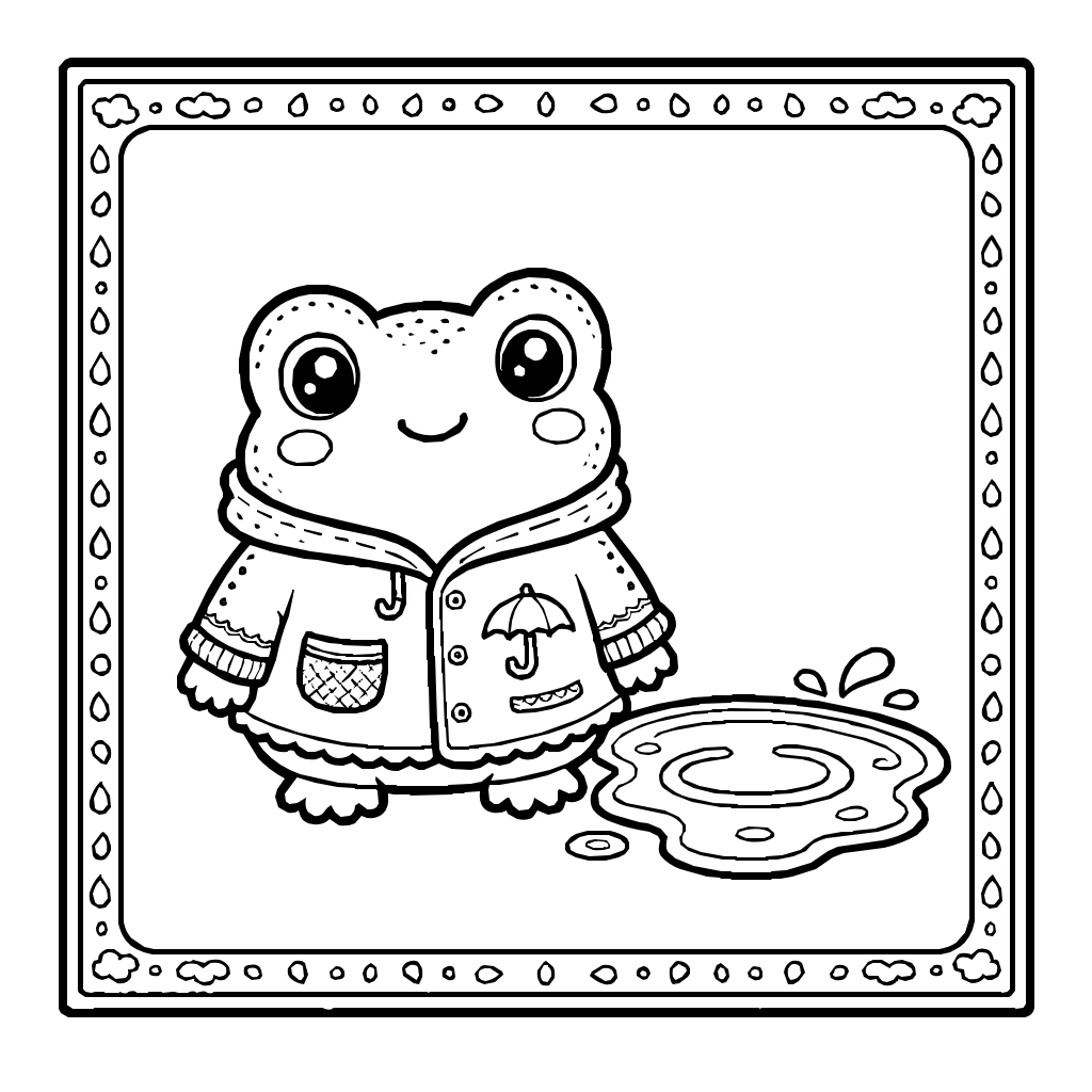 Kawaii Frog Raincoat Puddle Coloring Page
