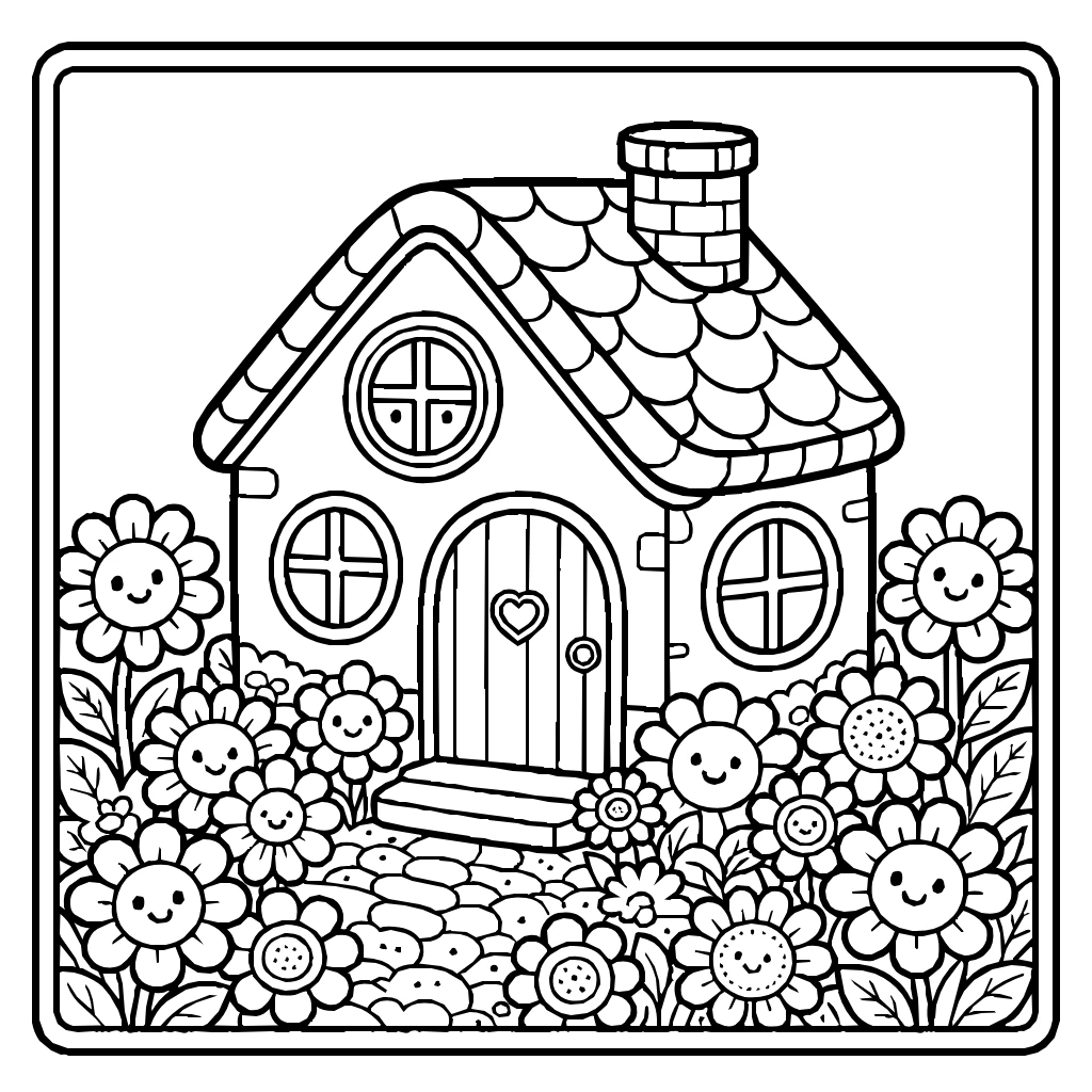 Kawaii House Smiling Flowers Coloring Page