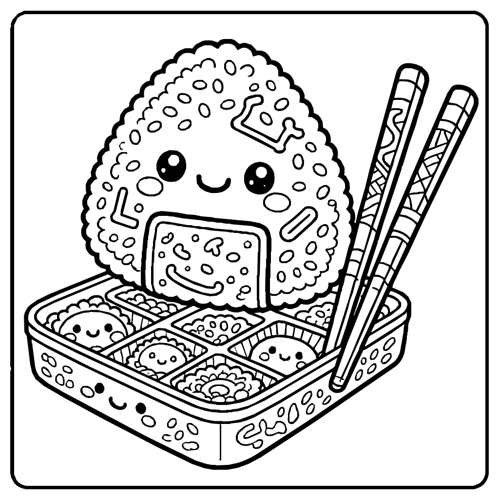 Kawaii Onigiri Chopsticks Bento Coloring Page