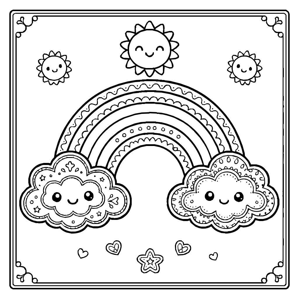 Kawaii Rainbow Clouds Sun Coloring Page
