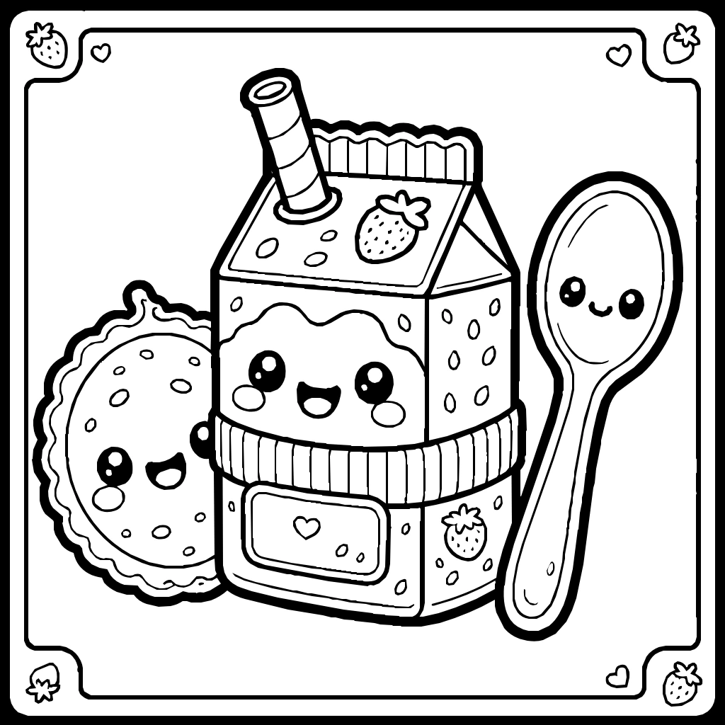 Kawaii Strawberry Milk Cookie Spoon Coloring Page