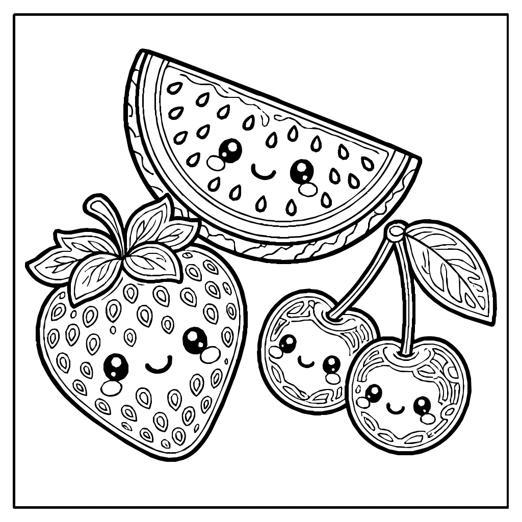 Kawaii Strawberry Watermelon Cherries Coloring Page