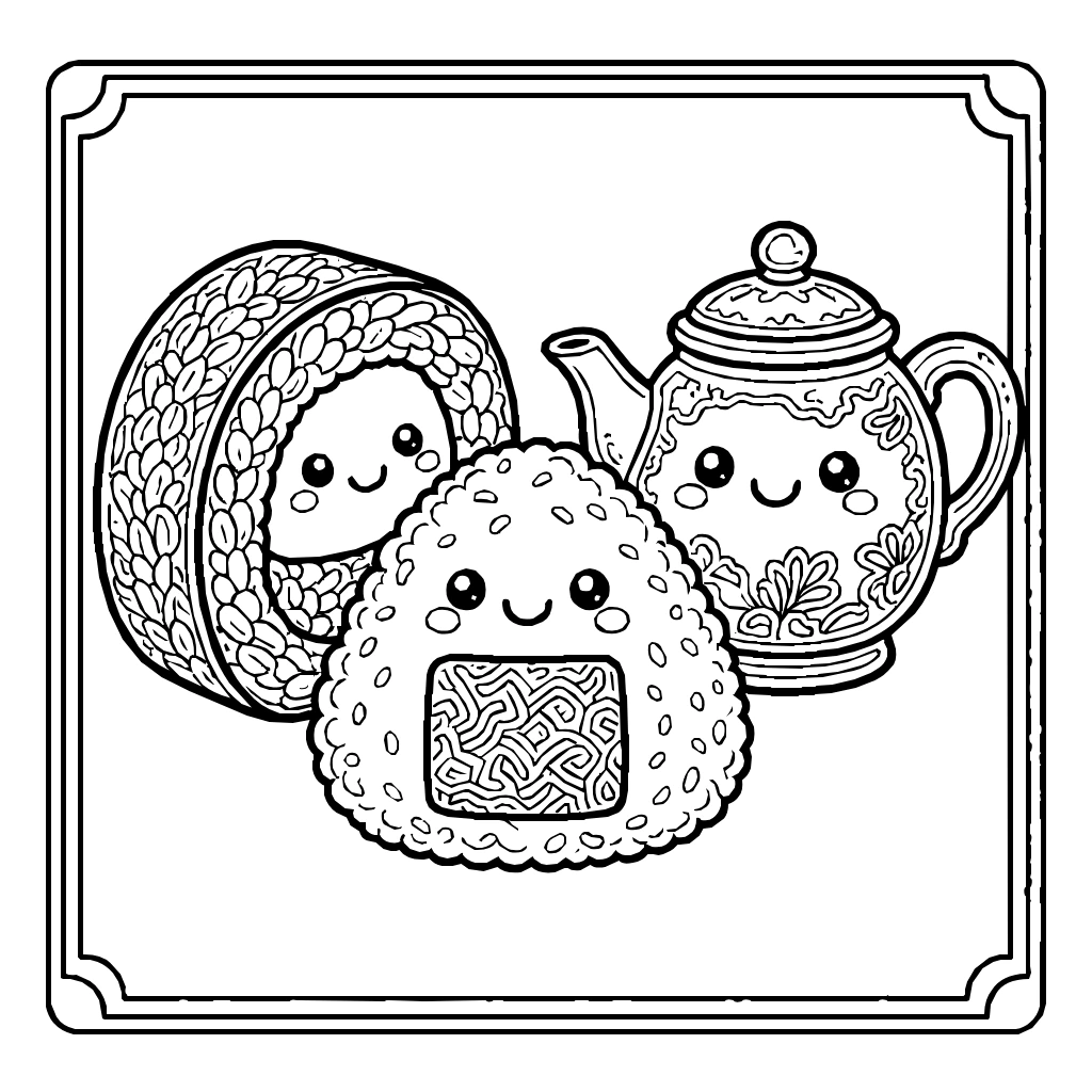Kawaii Sushi Rice Ball Teapot Coloring Page