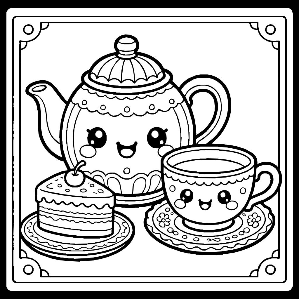 Kawaii Teapot Teacup Cake Coloring Page